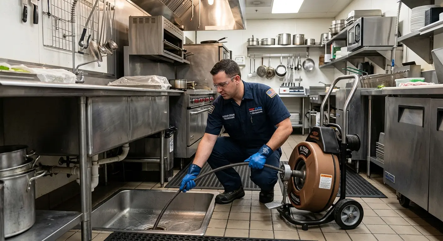 Commercial drain cleaning service in a restaurant kitchen in Costa Mesa