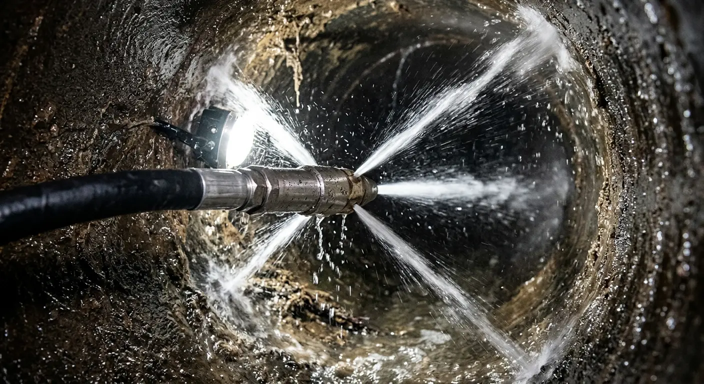High-pressure hydro jetting nozzle cleaning sewer pipe for Emergency Drain Service in Costa Mesa