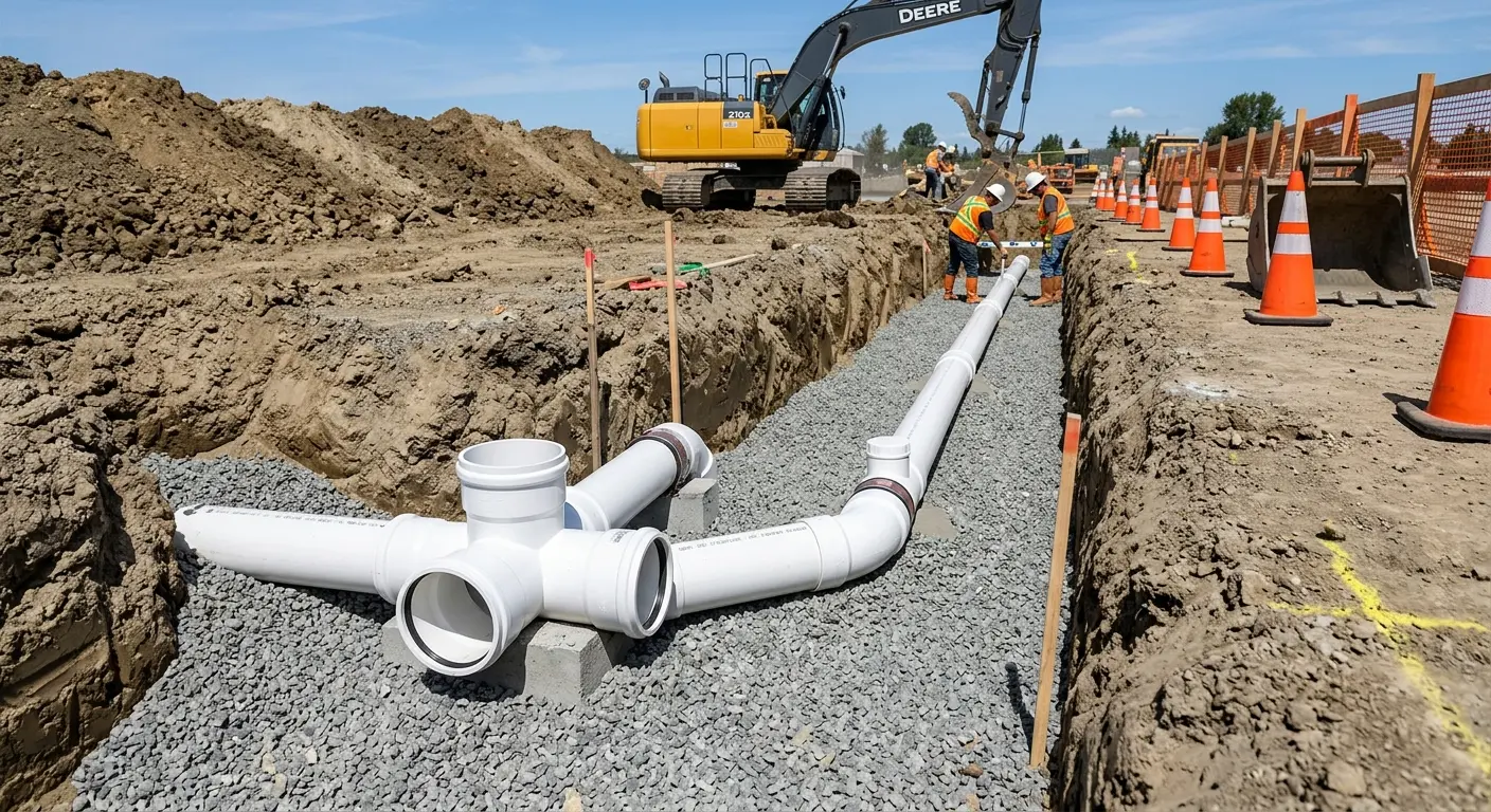 New PVC sewer pipe installation in open trench for Sewer Backup in Costa Mesa