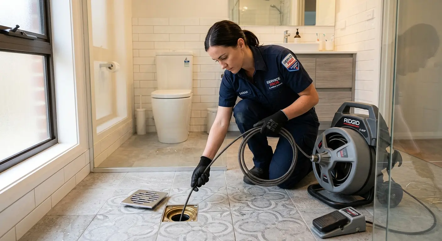 Technician clearing a bathroom floor drain for Drain Repair in Costa Mesa